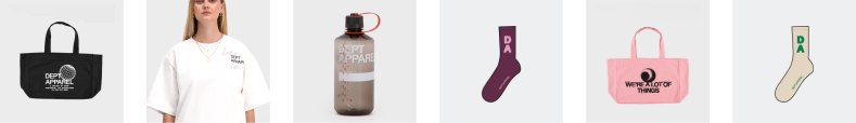 Pictures of a DEPT Apparel tote bag, t-shirt, water bottle and socks